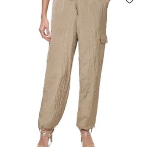 DKNY Women's Tan Beige Jogger Pants Crinkled Satin NWT
